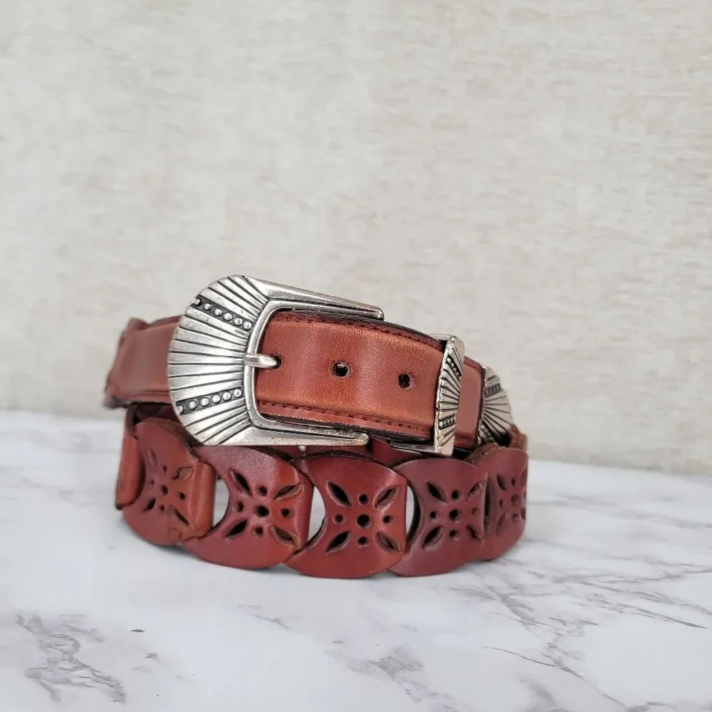 Brown Leather Interlock Tab Belt with Silver Toned Aztec Buckle